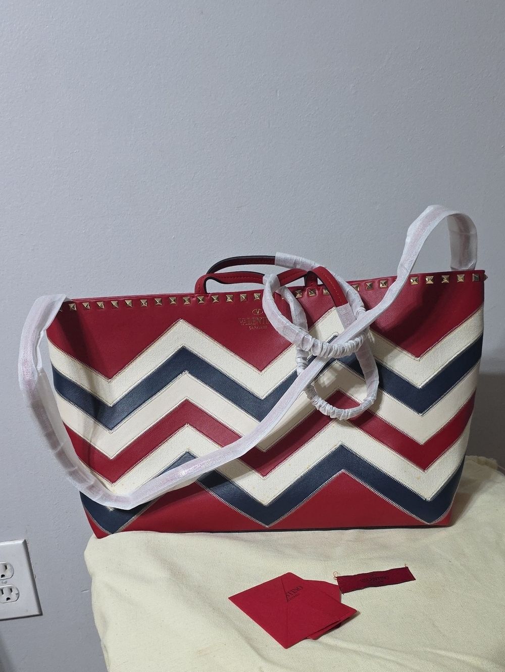Red Chevron Tote Bag with Navy & White Accents
